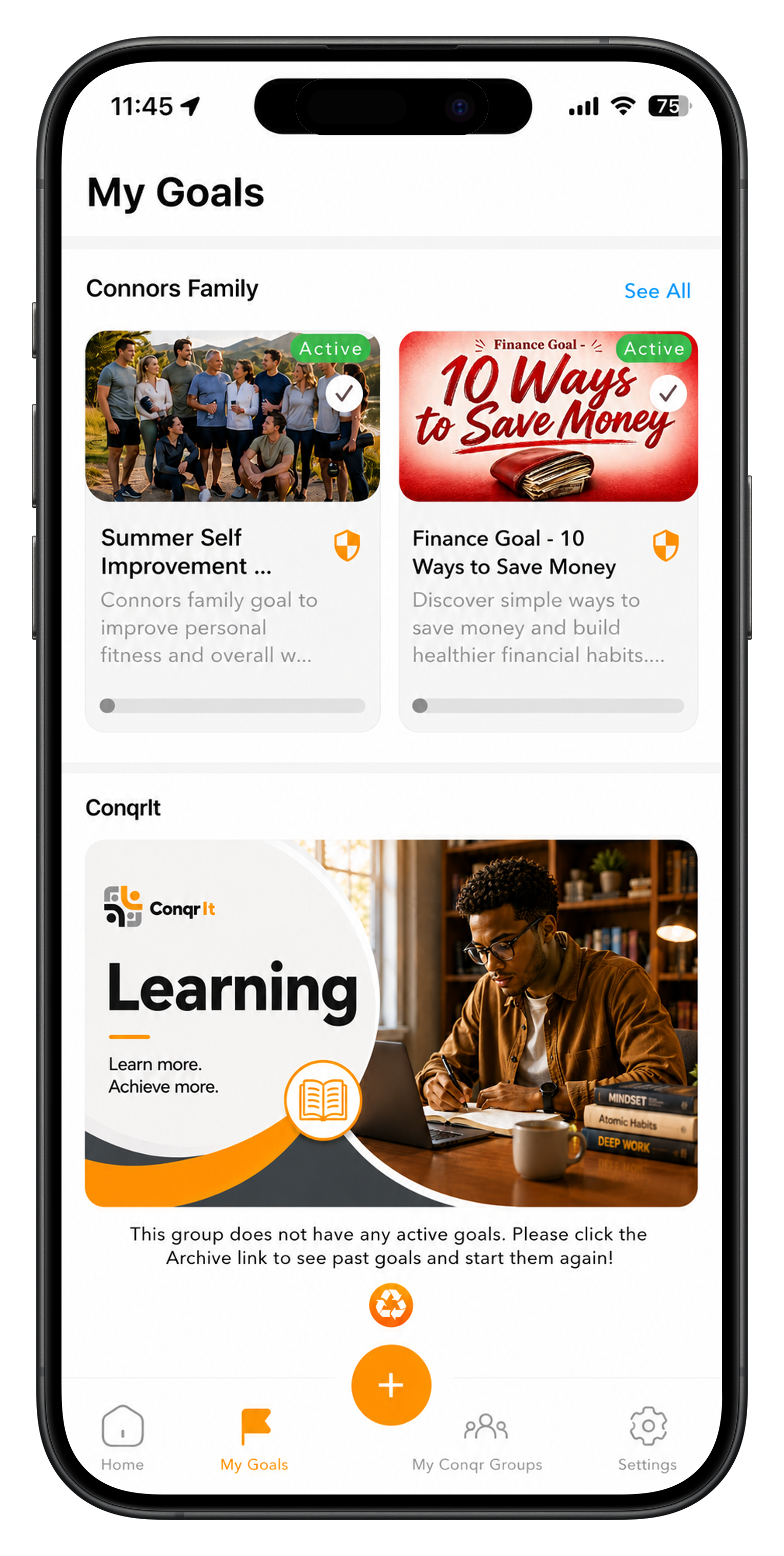 My Goals mobile application screen